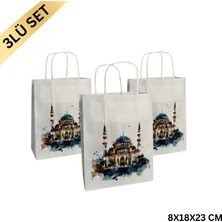 Roco Paper Co. Ramazan Hediyelik Paketleme Çantası, 3lü Paket, Cami Tasarımlı Beyaz Kağıt Çanta Seti, 8X18X23 cm
