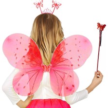 K-Yonlineticaret Kırmızı Renk Çocuk Kelebek Kanadı Tacı ve Asa Seti 50 cm