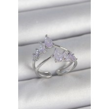 Ett Pirinç Gümüş Renk Mor Damla Zirkon Taşlı Taç Model Kadın Yüzük