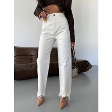 DENİKK Trend Özel Tasarım Wide Leg Denim Rahat Kalıp Paçası Yırtık Püsküllü Jean PANTOLON40226