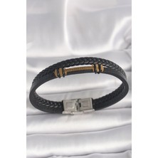 Ett 316L Çelik Gold Renk Zikzak Işlemeli Aksesuarlı Çift Sıra Burgu Desenli Deri Kordon Erkek Bileklik