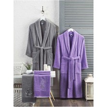 Elmira Textile 4 Parça Aile Bornoz Seti Kadın Erkek Havlulu Bornoz Takımı 100 Gri Lavanta