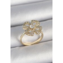 Ett Pirinç Gold Renk Zirkon Taşlı Yonca Model Ayarlanabilir Kadın Yüzük