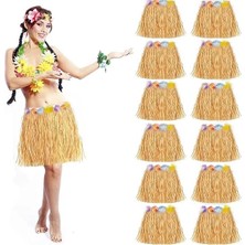 K-Yonlineticaret Yetişkin ve Çocuk Uyumlu Saman Renk Hawaii Luau Hula Etek 40 cm 12 Adet