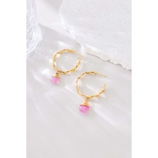 Fayra Accessories Pembe Kuvars Sallantılı Altın Kaplama Halka Küpe