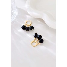 Fayra Accessories Obsidyen Doğal Taşlı Altın Kaplama Küpe