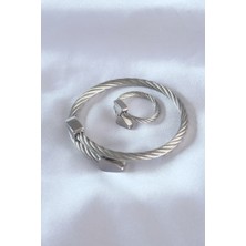 Ett Çelik Gümüş Renk Burgu Model Erkek Bileklik Yüzük Seti