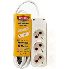 K-Yonlineticaret Amiral 3' Lü Topraklı 5 Metre Kablolu Grup Priz