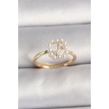 Ett Pirinç Gold Renk Zirkon Taş Detaylı Incili Ayarlanabilir Yüzük