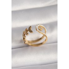 Ett 316L Çelik Gold Renk Zirkon Taşlı Yaprak Model Kadın Yüzük