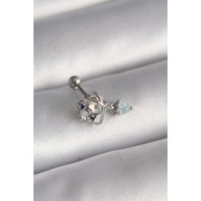 Ett 316L Çelik Gümüş Renk Zirkon Taşlı Sallantı Kalp Detay Tragus Piercing