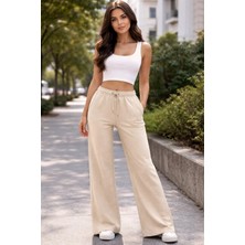 Fancy & Fun Kadın Yüksek Bel Oversize Beli Lastikli Yan Cepli Garnili 3 Iplik Kumaş Eşofman Altı