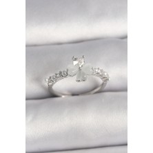 Ett Pirinç Gümüş Renk Zirkon Taşlı Yonca Model Inci Detay Ayarlanabilir Yüzük