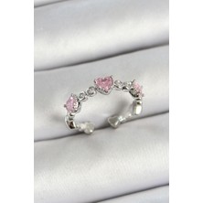 Ett Pirinç Sıralı Kalp Figürlü Zirkon Taşlı Gümüş Renk Ayarlanabilir Kadın Yüzük