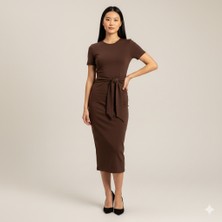 Dimi Kahverengi Midi Boy Kuşaklı Kahverengi Elbise