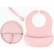 Aesco Pembe 3’lü Silikon Yemek Seti – Önlük + Diş Kaşıyıcılı Kaşık + Vakumlu Tabak