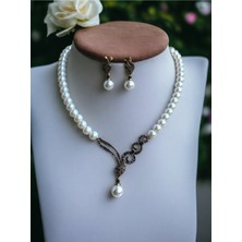 Fayra Accessories Zirkon Taşlı Tek Sıra Inci Kolye ve Inci Küpe Seti