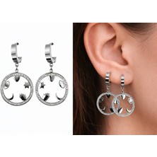Stainless Steel Taşlı Figürlü Halka Küpe – Ay Yıldız Kalpli Modern Tasarım