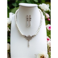 Fayra Accessories Elmas Montür Zirkon Taşlı Tek Sıra Inci Kolye ve Inci Küpe Seti