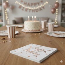 Dodomar 20'li Happy Birthday Peçete - Varaklı Beyaz Rose Gold Baskılı