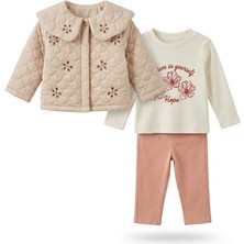 Mikron %100 Pamuk Kız Bebek 3’lü Takım Kapitone Ceketli Çiçek Baskılı Sweatshirt ve Pantolon Bayramlık