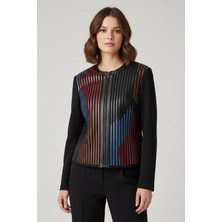 Deriderim Kırmızı Kahve Mavi Lona Tül Üzerine Çizgili Deri Baskılı Kadın Hakiki Deri Ceket