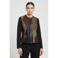 Deriderim Kırmızı Sarı Lona Tül Üzerine Deri Baskılı Kadın Hakiki Deri Ceket