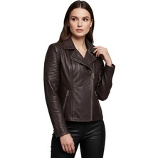 Deriderim Agnes Kahve Kadın Biker Hakiki Deri Mont
