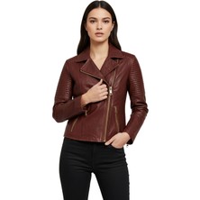 Deriderim Agnes Bordo Kadın Biker Hakiki Deri Mont