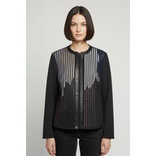 Deriderim Siyah Lila Lona Tül Üzerine Çizgili Deri Baskılı Kadın Hakiki Deri Ceket