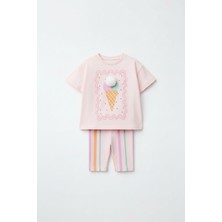 Magu Kız Çocuk Pamuklu Pembe Dondurma Desenli T-Shirt ve Çizgili Tayt Takım
