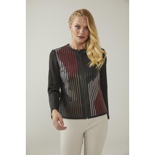 Deriderim Siyah Kahve Lona Tül Üzerine Çizgili Deri Baskılı Kadın Hakiki Deri Ceket