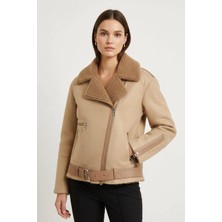 Deriderim Oslo Bej Hakiki Kuzu Kürkü Fermuarlı Biker Kadın Kaban