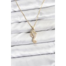 Ett 316L Çelik Zincir Gold Renk Deniz Atı Model Zirkon Taşlı Kadın Kolye