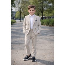 Tarz Çocuk Bej Çizgili Erkek Çocuk Blazer Ceket Pantolon Gömlek 3'lü Takım Elbise
