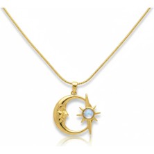 Turuncu House Gold Renk Ay Yıldız Kolye - Taşlı Mitolojik Yüz Detaylı Tasarım