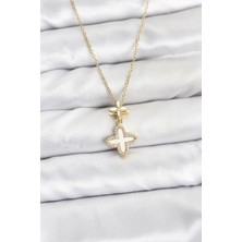 Ett 316L Çelik Zincir Gold Renk 4 Yapraklı Yonca Model Zirkon Taşlı Kadın Kolye