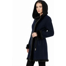 Deriderim Lacivert Seline Triko Kapüşonlu Hakiki Deri Kürk Kaban