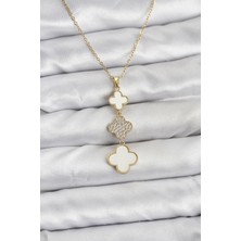 Ett 316L Çelik Zincir Gold Renk Yonca Detaylı Zirkon Taşlı Kadın Kolye