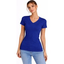 Alfanora Kadın T-Shirt V Yaka Slim Fit Likralı Tişört Günlük Basic Body - Indigo