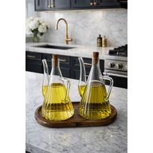 Akasya Stantlı Borosilikat Cam Akasya Kapak Glazzy Yağlık Seti 500 ml + 500 ml Çizgili Tasarım