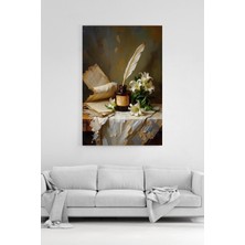 HonataDizayn Klasik Hokka Tüy Kalem ve Beyaz Lilyum Çiçekleri Temalı Dekoratif Kanvas Tablo