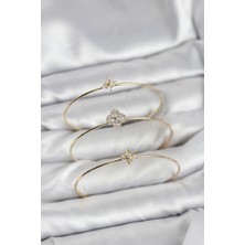 Ett Zirkon Taşlı Gold Renk Yonca Tasarım 3'lü Kadın Bileklik Kombini