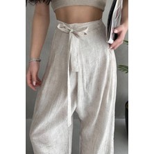 DENİKK Trend Anvelop Kesim Bol Paça Rahat Kalıp Belden Kuşaklı Salaş Keten Pantolon