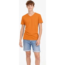 Alfanora Genç Erkek Çocuk V Yaka Tişört Yazlık Model Günlük Basic Body - Turuncu