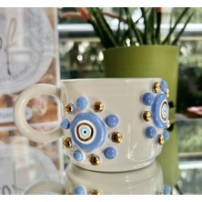 El Yapımı Seramik Gerçek 24K Altın Dekorlu Nazar Boncuklu Kupa