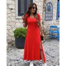 Defy Moda Kadın Kısa Kollu V Yakalı Maksi Boy Viskon Elbise