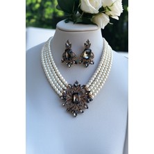 Fayra Accessories Kristal Taşlı Diana Inci Kolye ve Küpe Seti