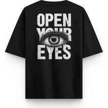 Overoz Open Your Eyes Göz Sırt Baskılı Yarı Oversize Unisex Siyah Tshirt 1394