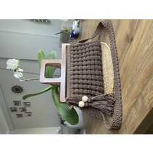 Nexa Doğaltaş Polyester Makrome Ip El Örgüsü Kadın Omuz ve El Çantası Ahşap Saplı